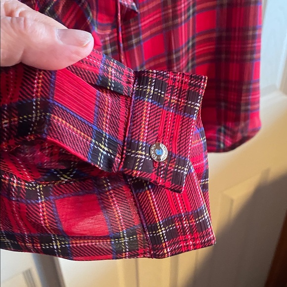 Tommy Hilfiger NWT Ruffled Lined Plaid Vneck Long Sleeve Button Cuff Blouse - Picture 5 of 10